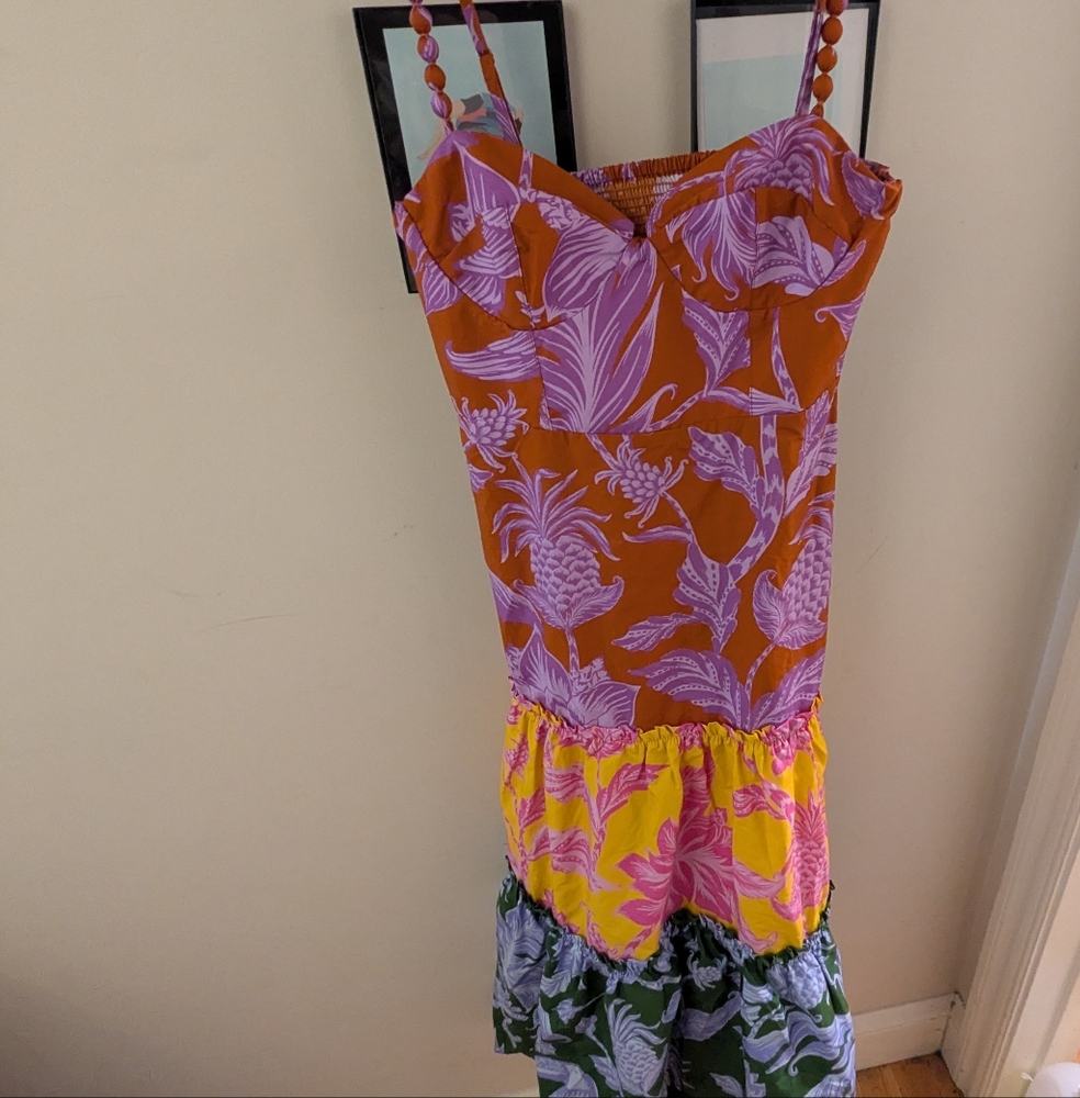 FARM RIO mixed tropical swing sleeveless midi dress